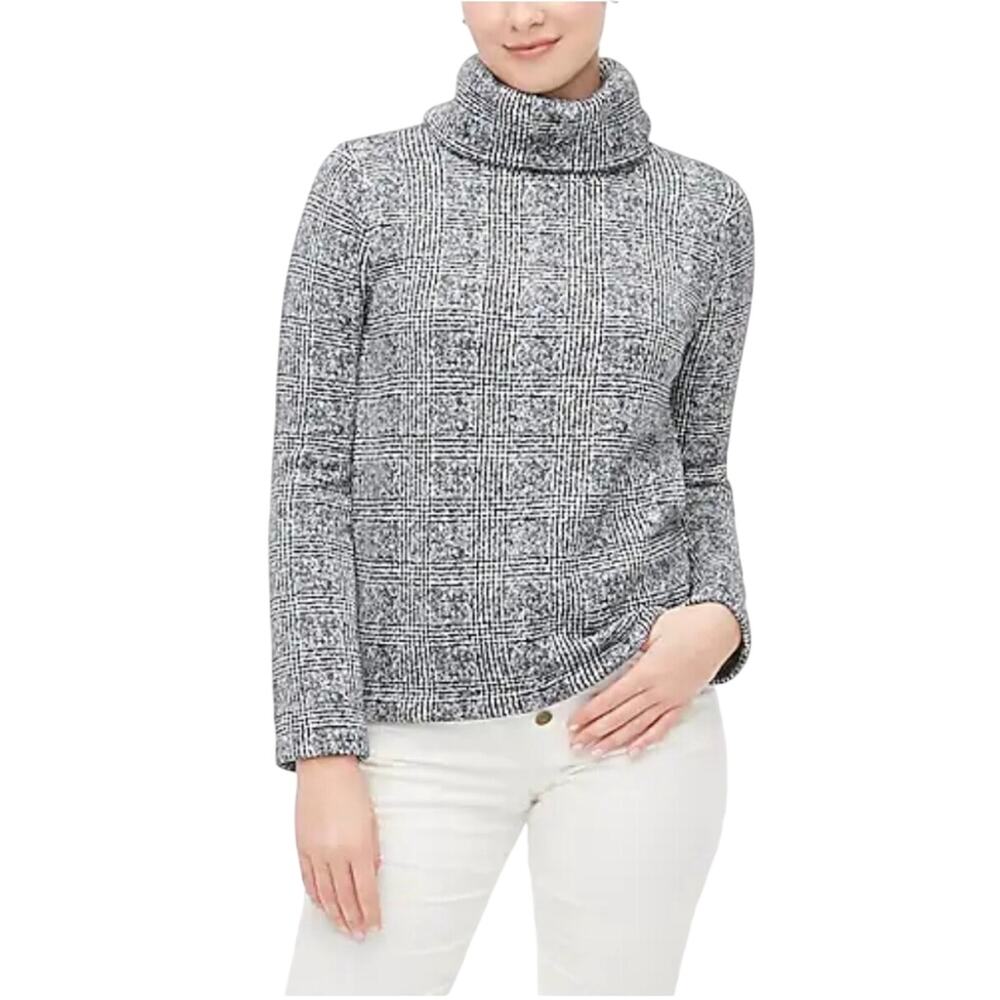 J Crew Ladies black white abstract plaid funnel neck thick top sweater, M